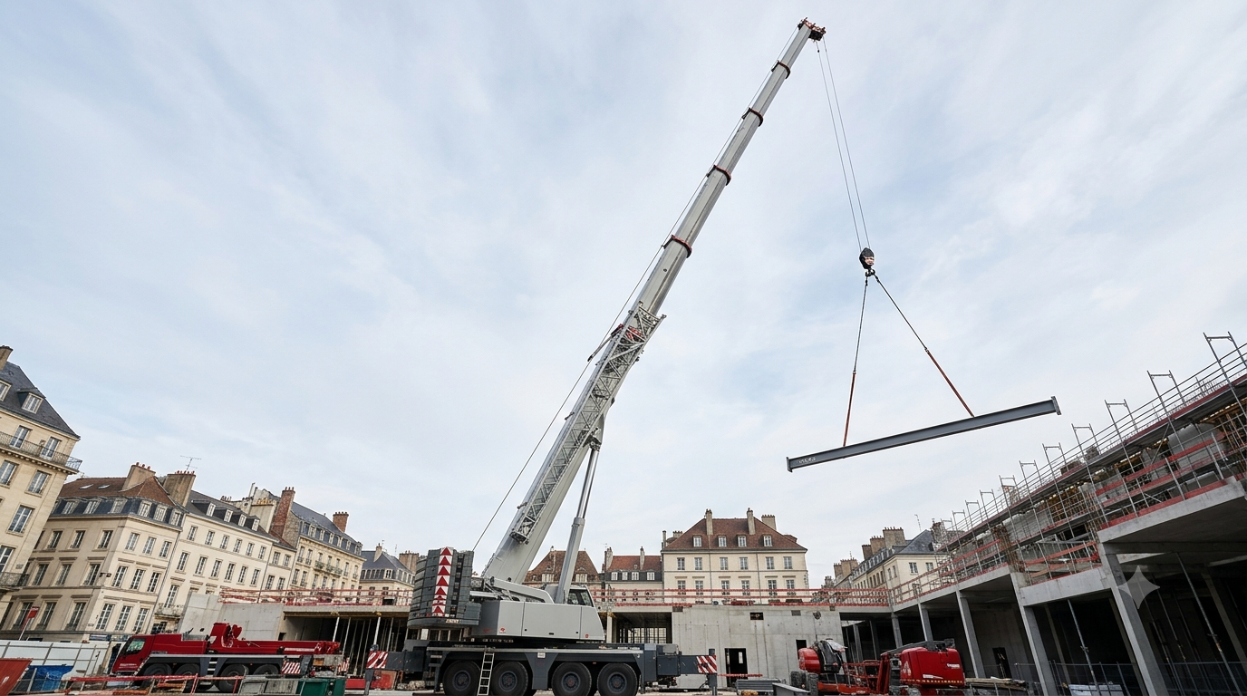 Grue mobile levant une poutre acier sur un chantier en Île-de-France