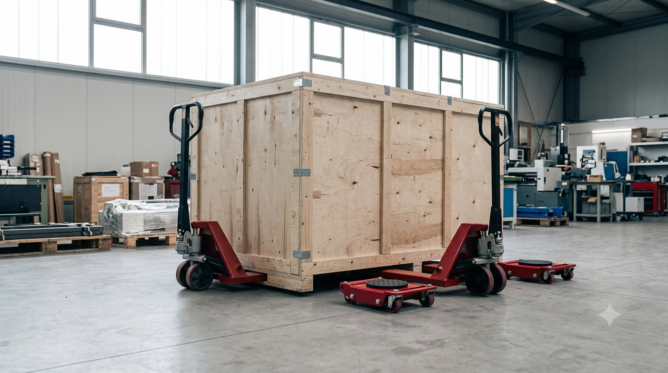 Manutention d'une caisse en bois sur transpalette et rouleurs