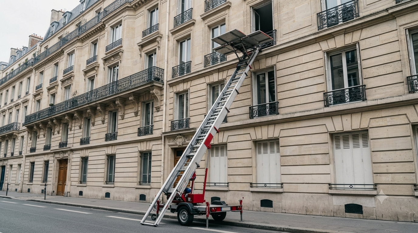 Monte-meuble déployé sur une façade haussmannienne à Paris