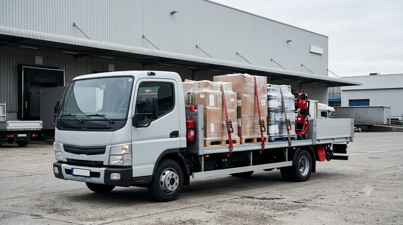 Camion plateau avec charge sanglée pour le transport de matériel
